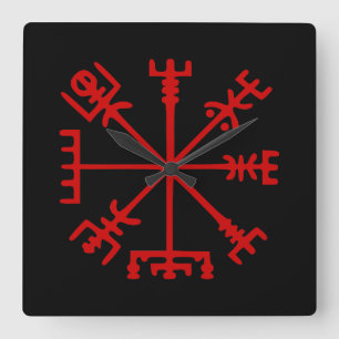 Blood Red Vegvísir (Viking Compass) Square Wall Clock
