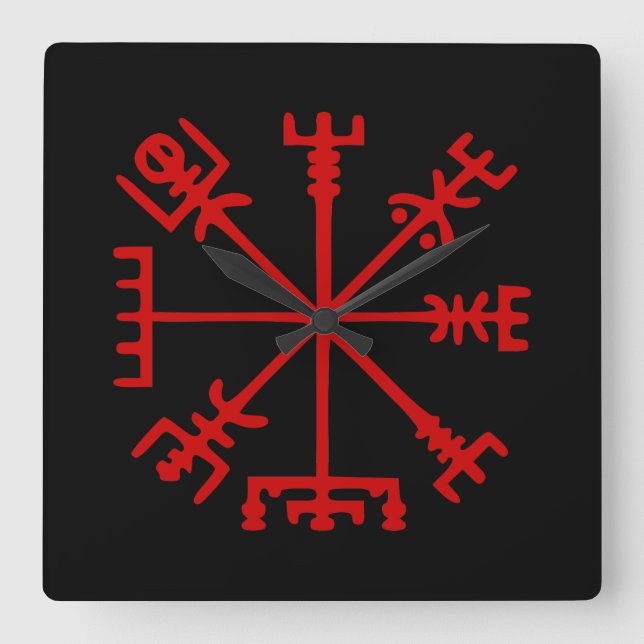 Blood Red Vegvísir (Viking Compass) Square Wall Clock (Front)