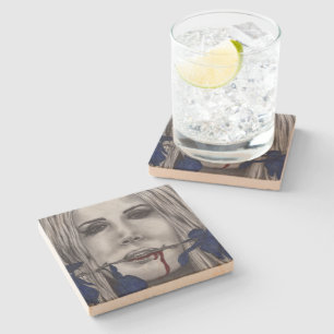Blood Roses Blue Vampire Woman Portrait Goth Art Stone Coaster