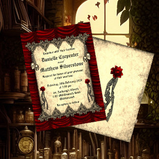 Blood Roses Red Silk and Gold Skulls Wedding Invitation