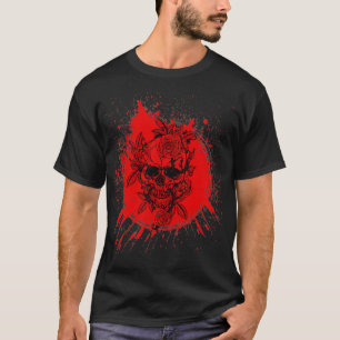 Blood Splatter Black Roses Skull Halloween Design T-Shirt