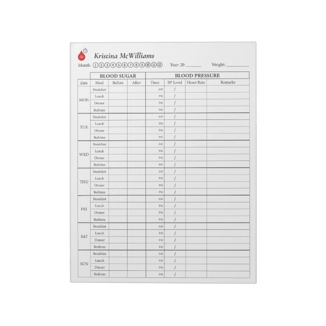 Blood Sugar & Blood Pressure Tracker MONDAY Start Notepad (Rotated)