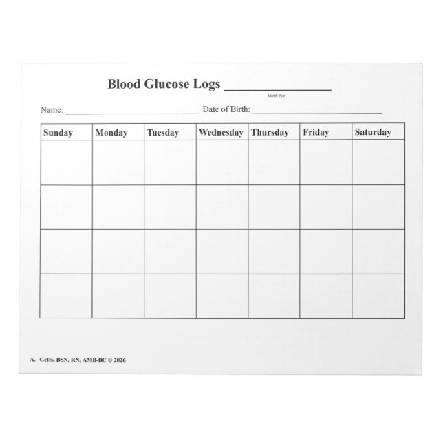 Blood Sugar Log Notepad - Monthly Calendar Style (Front)