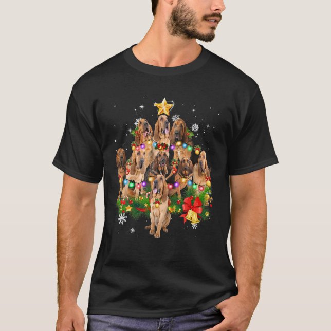 Bloodhound Christmas Dog Tree Lights Pyjamas Famil T-Shirt (Front)