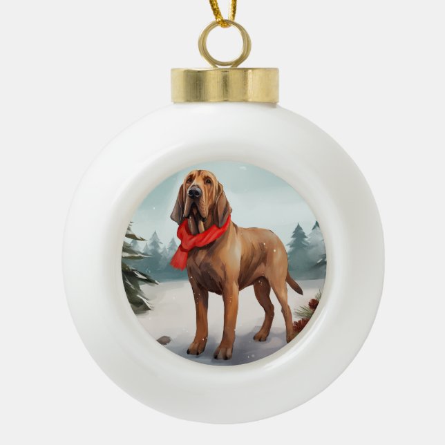 Bloodhound Dog in Snow Christmas Ceramic Ball Christmas Ornament (Front)