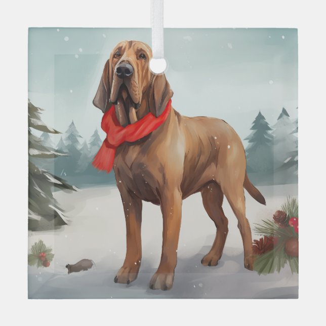 Bloodhound Dog in Snow Christmas Glass Tree Decoration (Front)