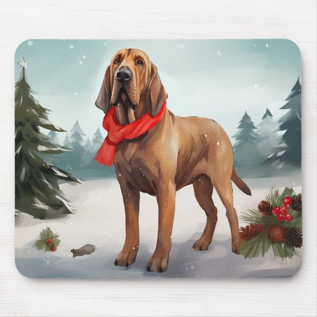Bloodhound Dog in Snow Christmas Mouse Pad (Front)