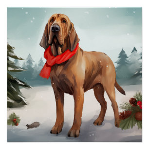 Bloodhound Dog in Snow Christmas Poster