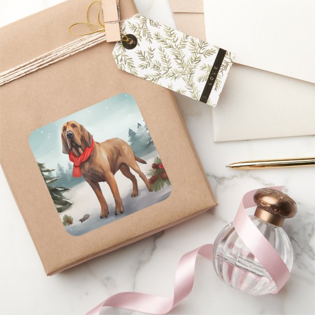Bloodhound Dog in Snow Christmas Square Sticker (Gifting)