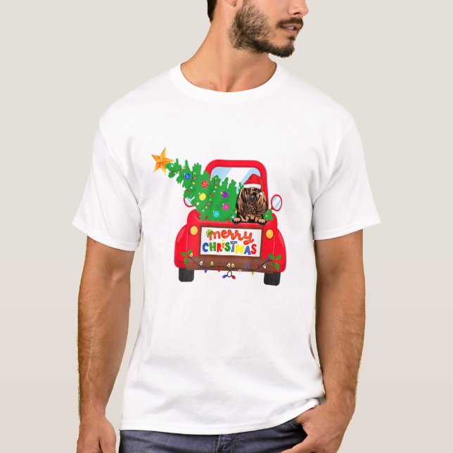 Bloodhound Dog Riding Red Truck Christmas Holiday T-Shirt (Front)