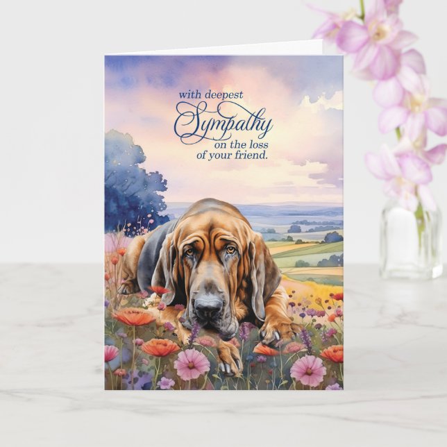Bloodhound Dog with Wildflowers Pet Sympathy Card (Orchid)