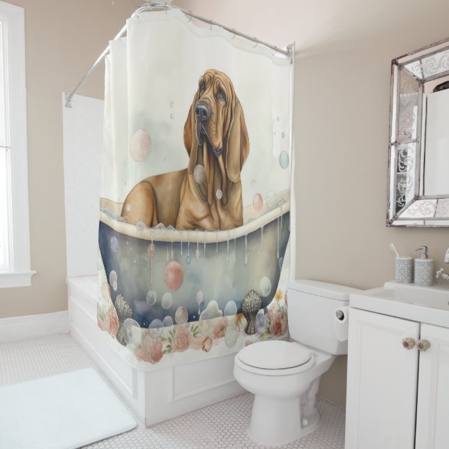 Bloodhound In Bathtub Watercolor Dog Art  Shower Curtain (In Situ)