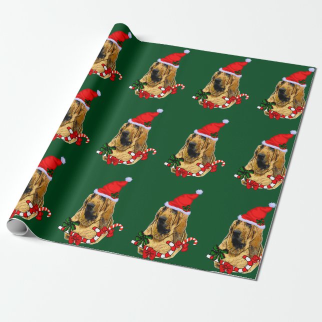 Bloodhound in Santa Hat Christmas Wrapping Paper (Unrolled)