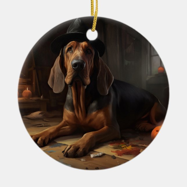 Bloodhound Pumpkins Halloween Scary  Ceramic Tree Decoration (Front)
