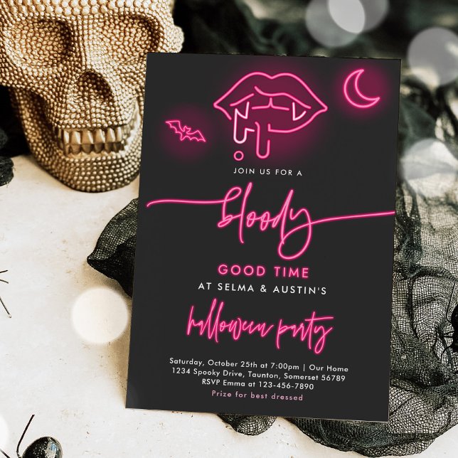 Bloody Good Time Neon Halloween Vampire Party Invitation (Creator Uploaded)