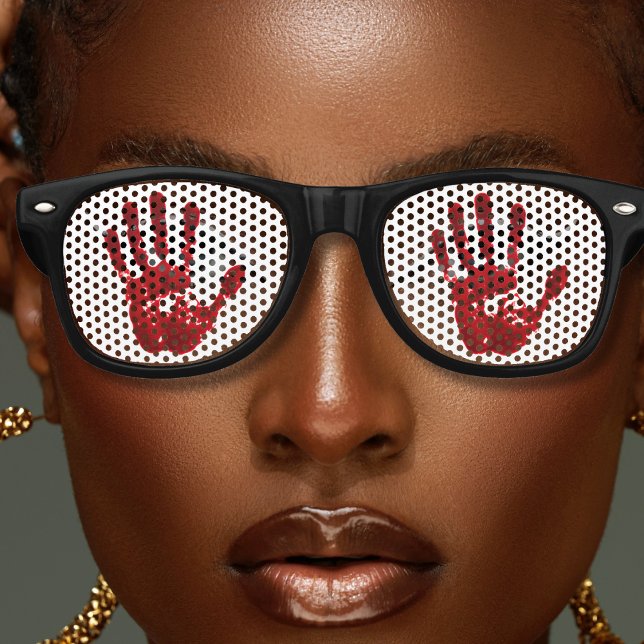 Bloody Hand Red & White Spooky Halloween Retro Sunglasses (bloody hand retro Halloween sunglasses with white background)