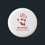 Bloody Handprint Halloween Button<br><div class="desc">Bloody Handprint Halloween button. This bloody button is designed with a handprint dripping with blood on a white background that can be changed to any other colour you would prefer. Perfect for a Halloween Party,  Cocktail Party,  Spooktacular Dinner Party.</div>