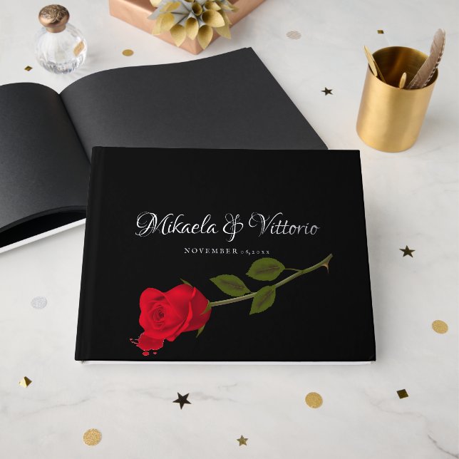 Bloody Rose Elegant Black Gothic Wedding Guest Book (Front Open)