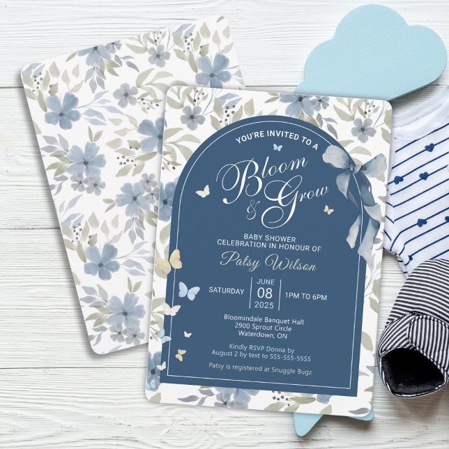 Bloom and Grow Baby Shower Invitation (Blue Floral Bloom and Grow Baby Shower Invitation)