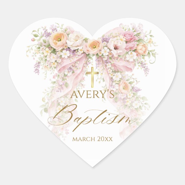 Bloom Floral Bow Girl Baptism Heart Sticker (Front)
