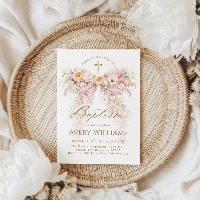 Bloom Floral Bow Girl Baptism Invitation (Creator Uploaded)