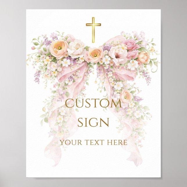 Bloom Floral Bow Girl Baptism Poster (Front)