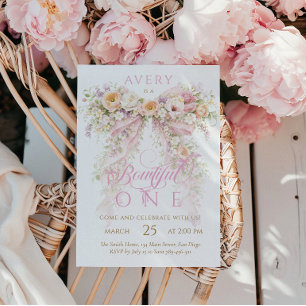 Bloom Floral Bow Girl First Birthday Invitation