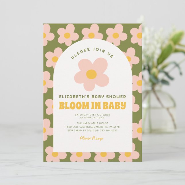 Bloom in baby Green pink Groovy baby shower  Invitation (Creator Uploaded)