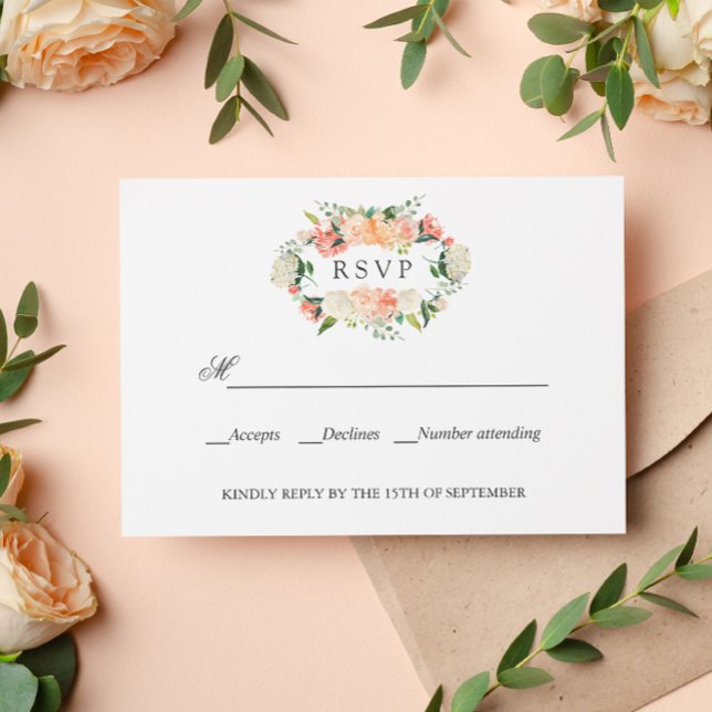 Bloom Peach Pink Botanical WEDDING RSVP  Card (Elegant resp card with serif font and peach pink peony flowers and leaves. Rustic chic floral)