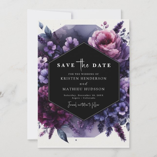  Bloom Printable Purple Floral Wedding Save The Date (Front)