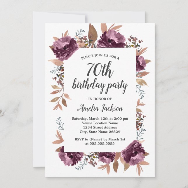 Bloom Purple Watercolor 70th Birthday Invite (Front)