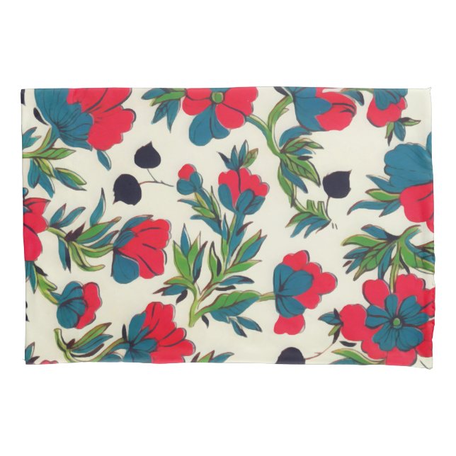 Bloom Red Floral Green Botanical Watercolor Pillowcase (Front)