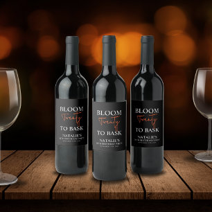 Bloom Twenty to Bask I Black Adult Birthday Party Wine Label