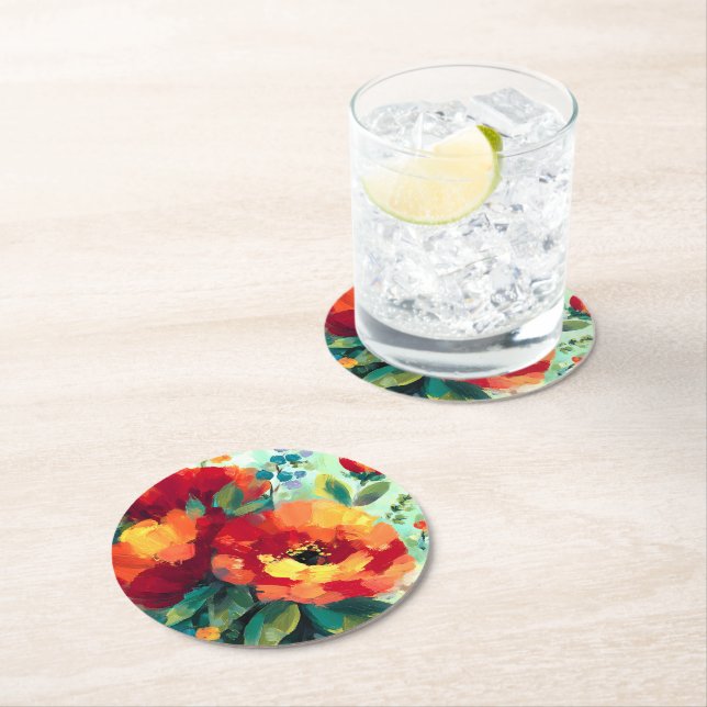 Bloom Vibrant Floral Garden Round Paper Coaster (Insitu)
