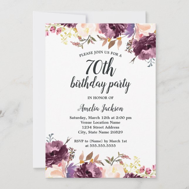 Bloom Watercolor Purple Floral 70th Birthday Party Invitation (Front)