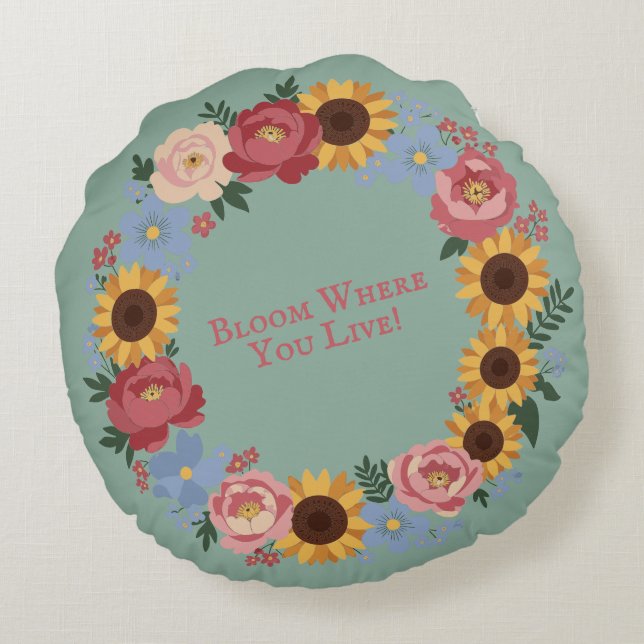 Bloom where you live - Floral Wreath Round Cushion (Back)