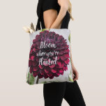 Bloom Where You're Planted Quote Red Dahlia Tote Bag<br><div class="desc">Your choice of stylish tote bag or crossbody bag with an all-over print that features the photo image of a gorgeous, dark red Dahlia bloom along an inspiring and motivational quote that reads, "Bloom where you're Planted." Text is printed on one side of bag. A lovely, floral design! Select your...</div>
