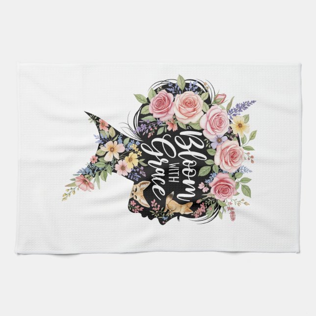 Bloom with Grace Elegant Floral Inspirational Art Tea Towel (Horizontal)
