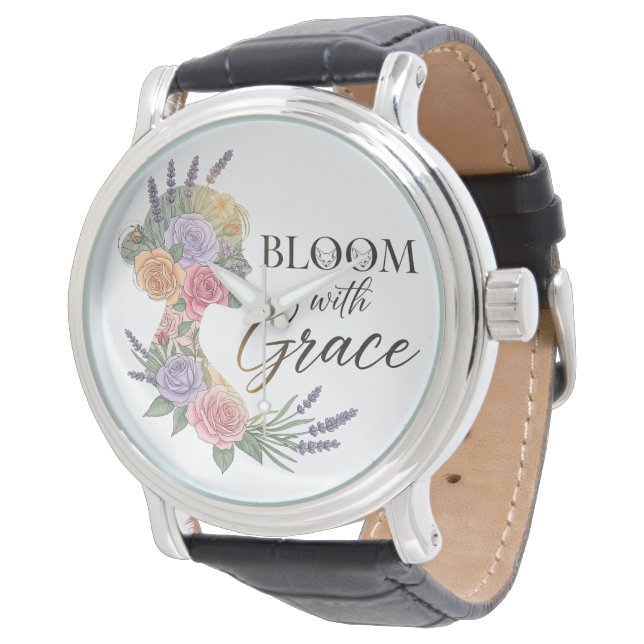 Bloom with Grace Elegant Floral Woman Silhouette Watch (Angled)
