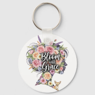Bloom with Grace Floral Inspirational Quote Design Key Ring