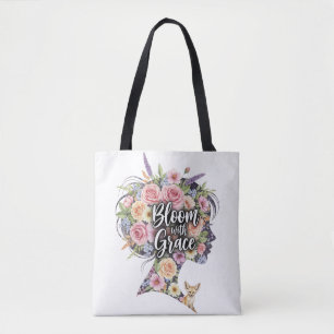Bloom with Grace Floral Inspirational Quote Design Tote Bag