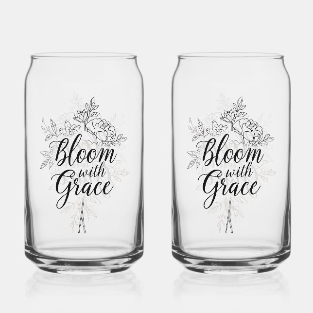 "Bloom with Grace" Inspirational Floral Quote Can Glass (Front)