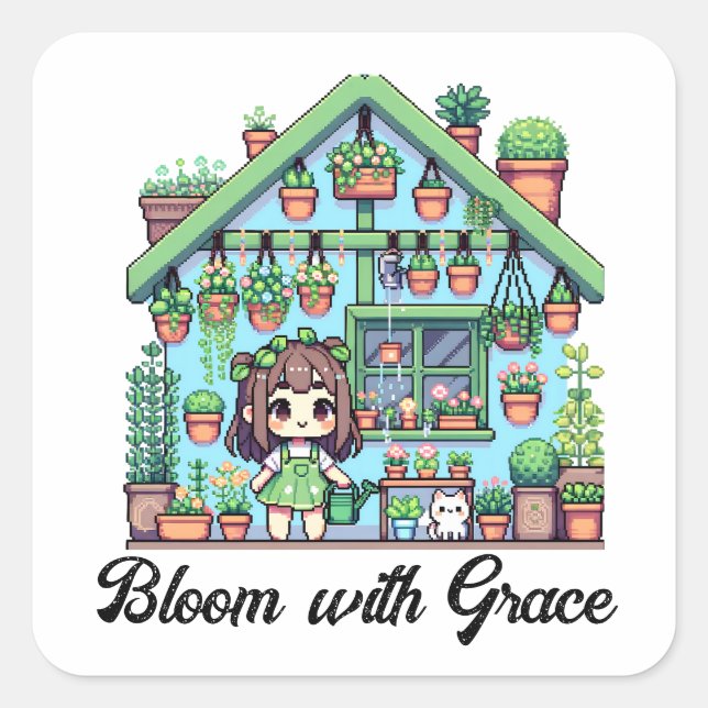 Bloom with Grace | Kawaii Girl with Plants Square Sticker (Front)