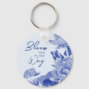 Bloom Your Way Positive Quote Blue Floral   Key Ring
