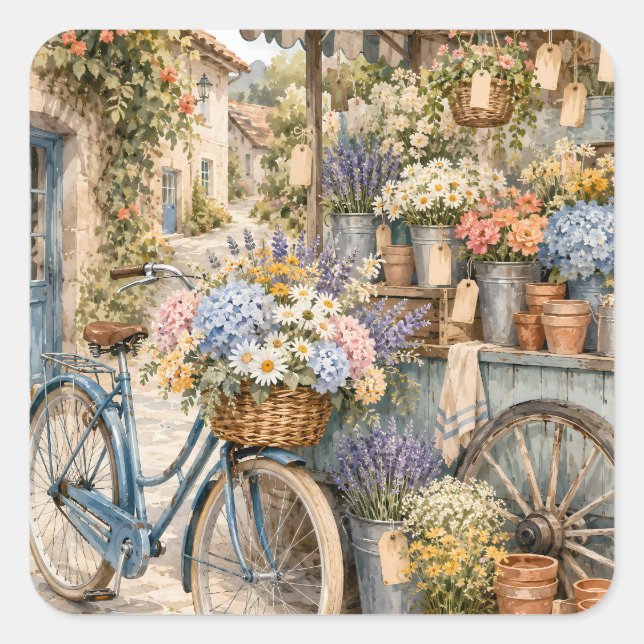 Bloomcore Flower Market Bicycle Square Sticker (Front)
