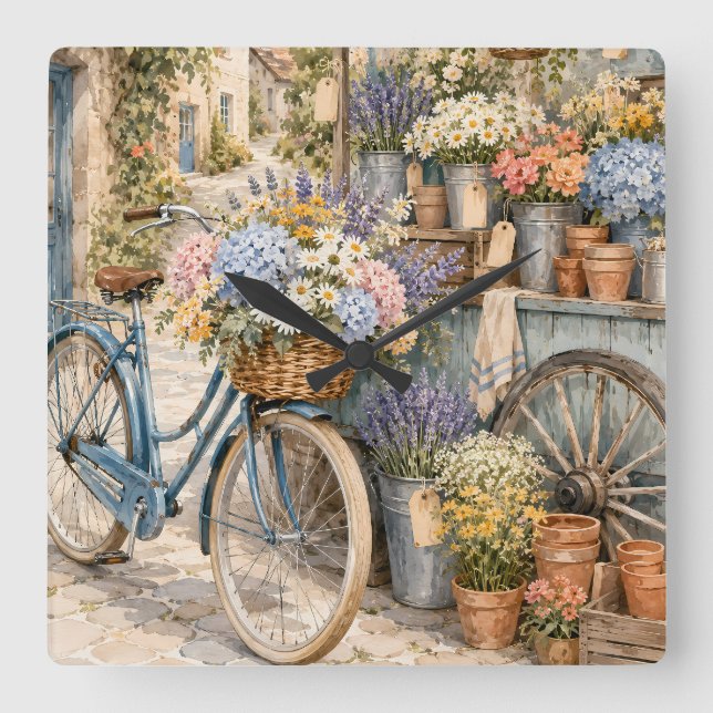 Bloomcore Flower Market Bicycle Square Wall Clock (Front)