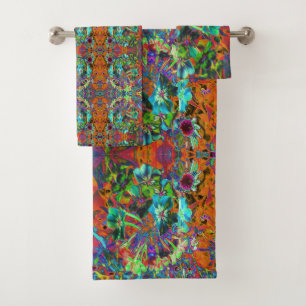 Blooming Abstract Blue and Lime Green Flower Bath Towel Set