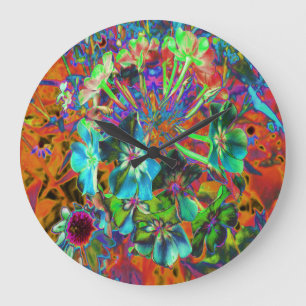 Blooming Abstract Blue and Lime Green Flower Large Clock