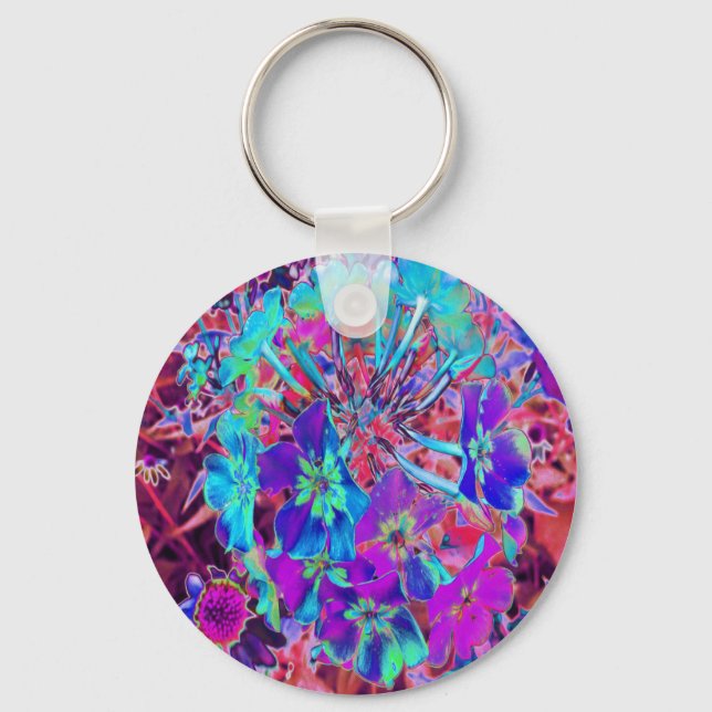 Blooming Abstract Purple and Blue Flower Key Ring (Front)
