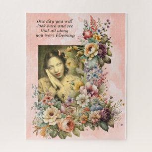 "Blooming all Along" quote pretty girl and flowers Jigsaw Puzzle